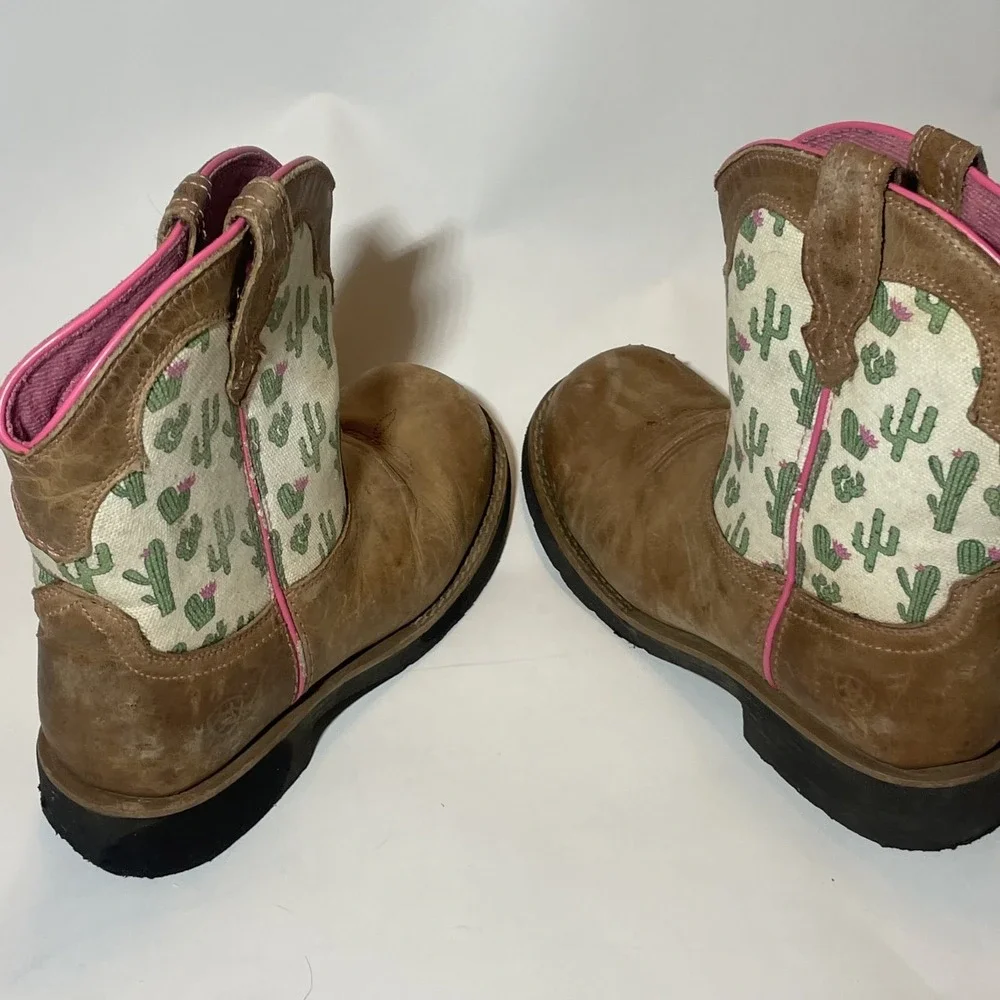 Ariat Youth Girls Cactus Print Brown Leather Round Toe Western Boots (Size 3)